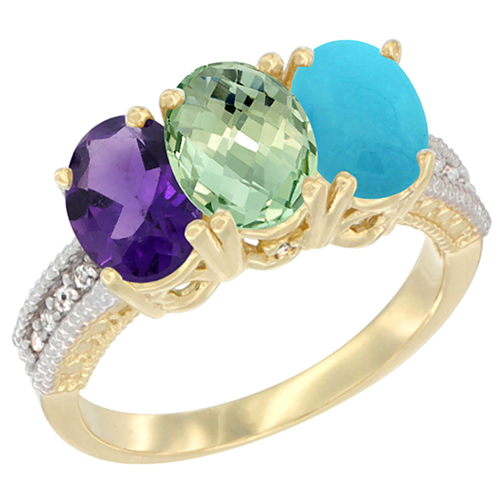 14K Yellow Gold Natural Amethyst, Green Amethyst &amp; Turquoise Ring 3-Stone 7x5 mm Oval Diamond Accent, sizes 5 - 10