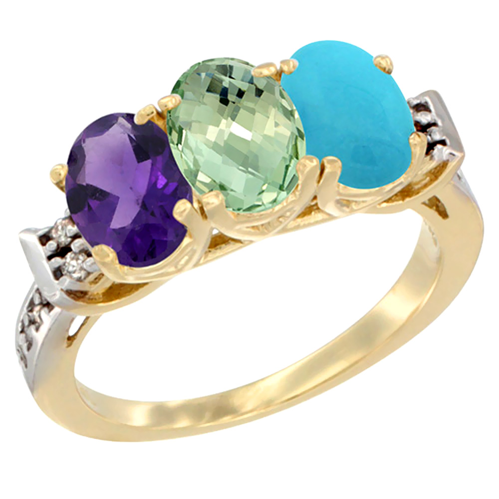 14K Yellow Gold Natural Amethyst, Green Amethyst & Turquoise Ring 3-Stone 7x5 mm Oval Diamond Accent, sizes 5 - 10