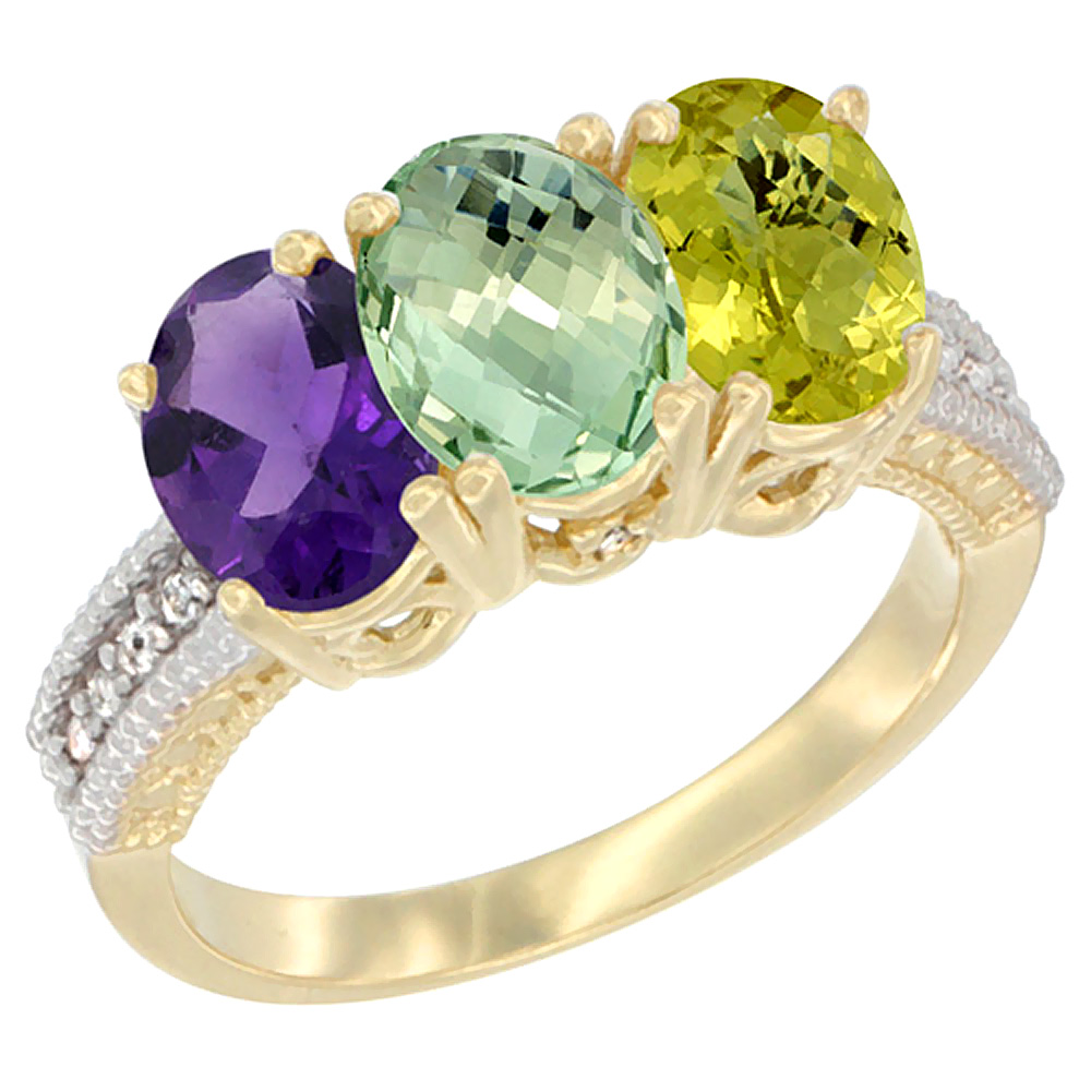 14K Yellow Gold Natural Amethyst, Green Amethyst & Lemon Quartz Ring 3-Stone 7x5 mm Oval Diamond Accent, sizes 5 - 10