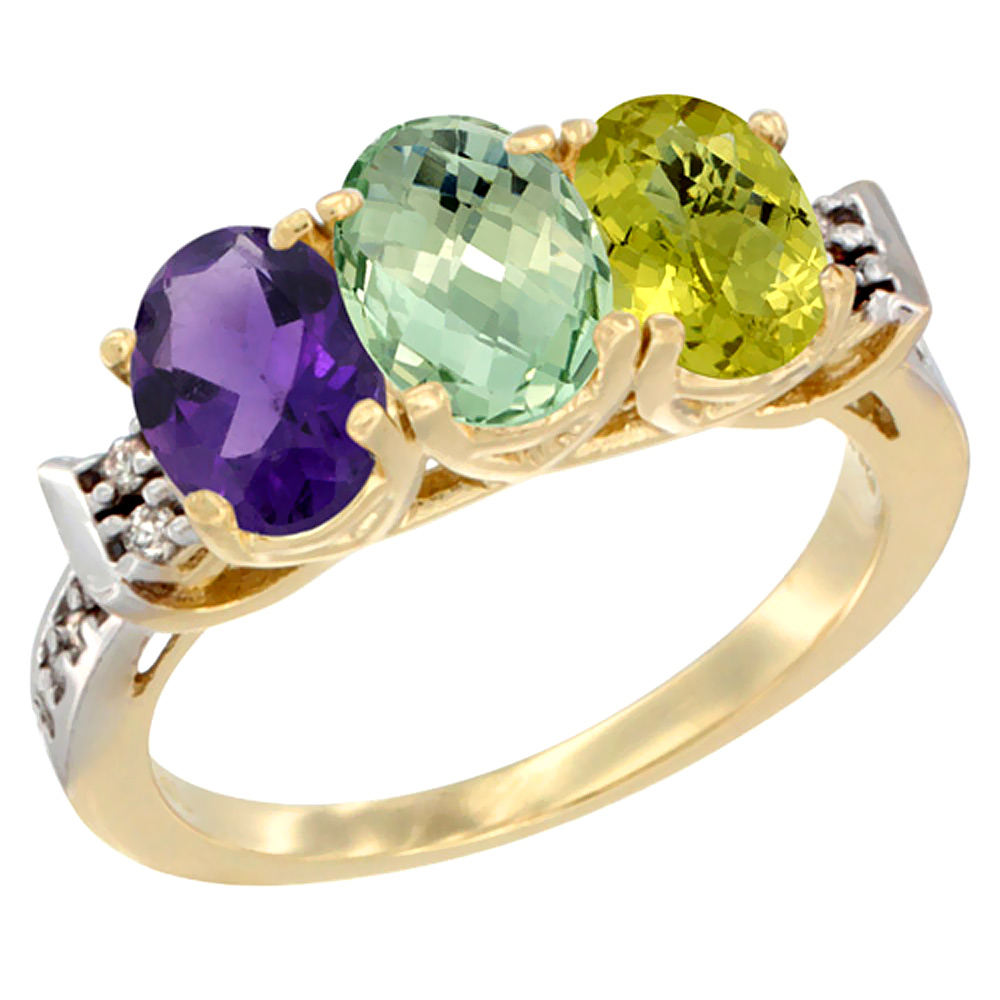 14K Yellow Gold Natural Amethyst, Green Amethyst &amp; Lemon Quartz Ring 3-Stone 7x5 mm Oval Diamond Accent, sizes 5 - 10