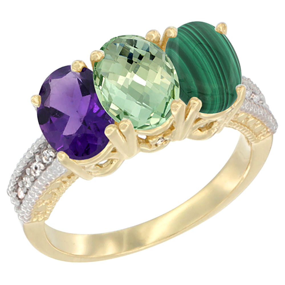 14K Yellow Gold Natural Amethyst, Green Amethyst & Malachite Ring 3-Stone 7x5 mm Oval Diamond Accent, sizes 5 - 10