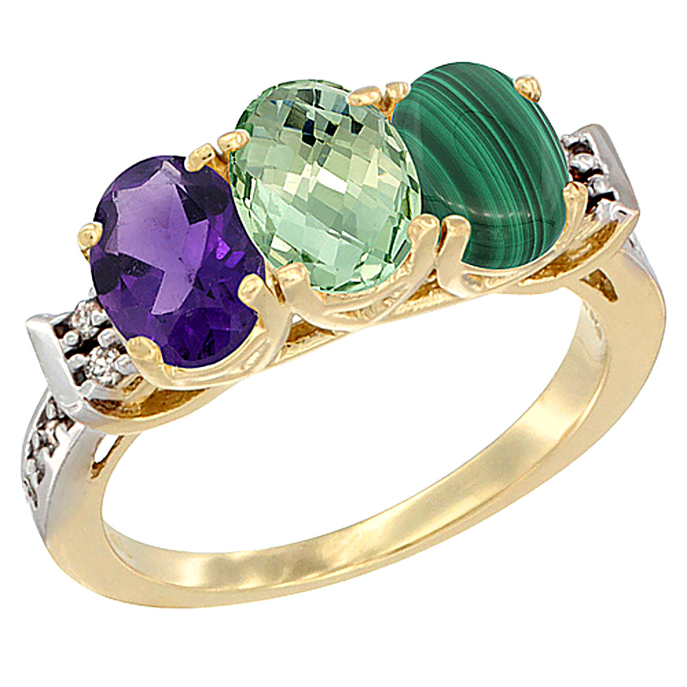 10K Yellow Gold Natural Amethyst, Green Amethyst & Malachite Ring 3-Stone Oval 7x5 mm Diamond Accent, sizes 5 - 10