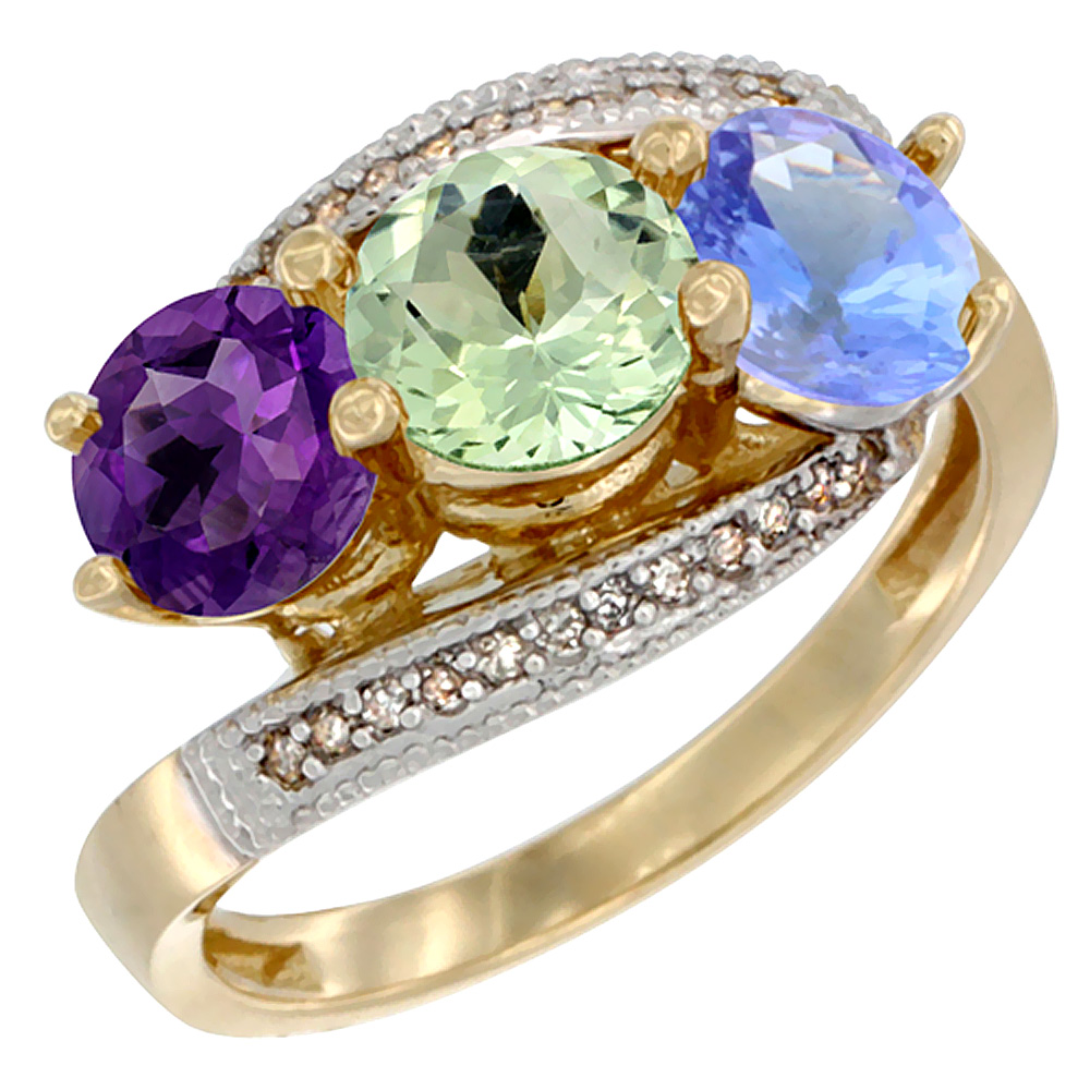 14K Yellow Gold Natural Amethyst, Green Amethyst &amp; Tanzanite 3 stone Ring Round 6mm Diamond Accent, sizes 5 - 10