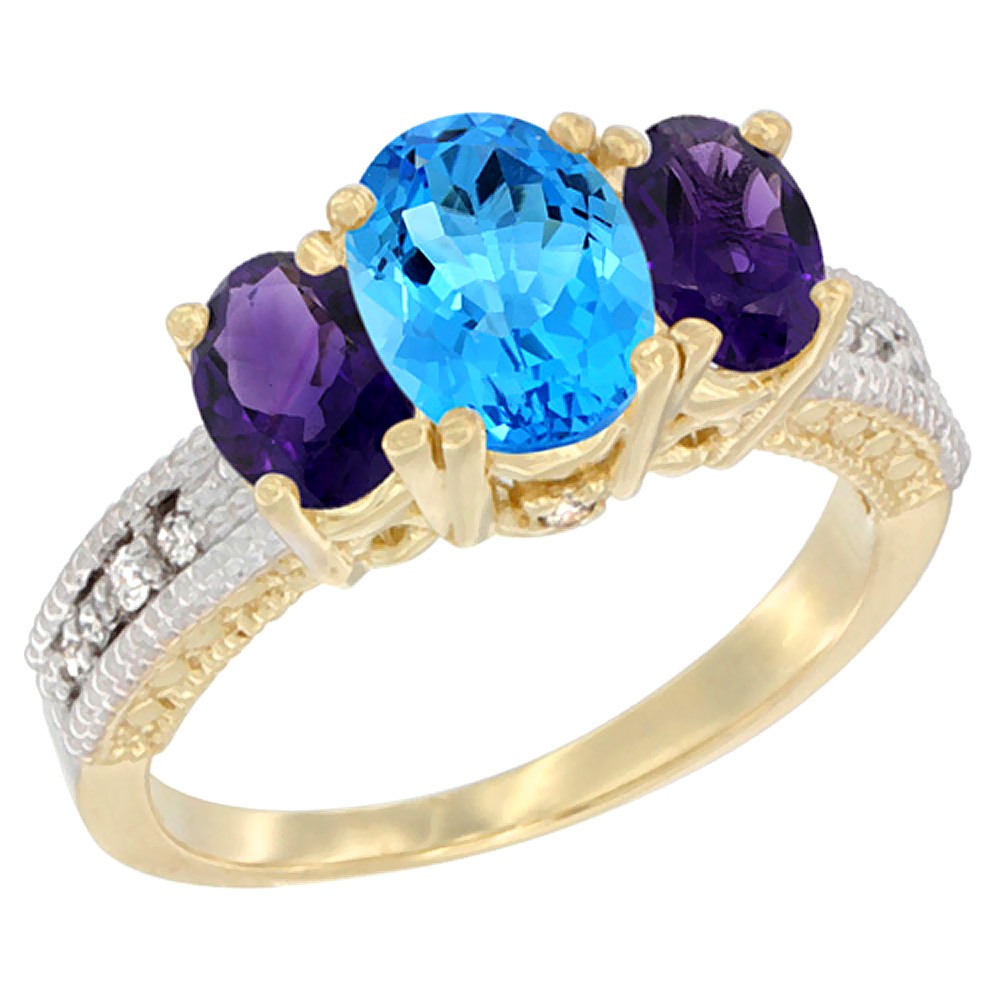 14K Yellow Gold Diamond Natural Swiss Blue Topaz Ring Oval 3-stone with Amethyst, sizes 5 - 10