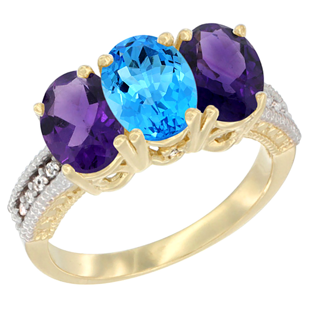 14K Yellow Gold Natural Swiss Blue Topaz &amp; Amethyst Ring 3-Stone 7x5 mm Oval Diamond Accent, sizes 5 - 10