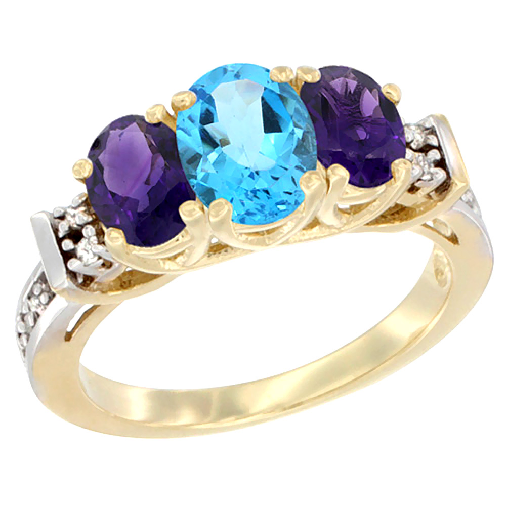 14K Yellow Gold Natural Swiss Blue Topaz &amp; Amethyst Ring 3-Stone Oval Diamond Accent