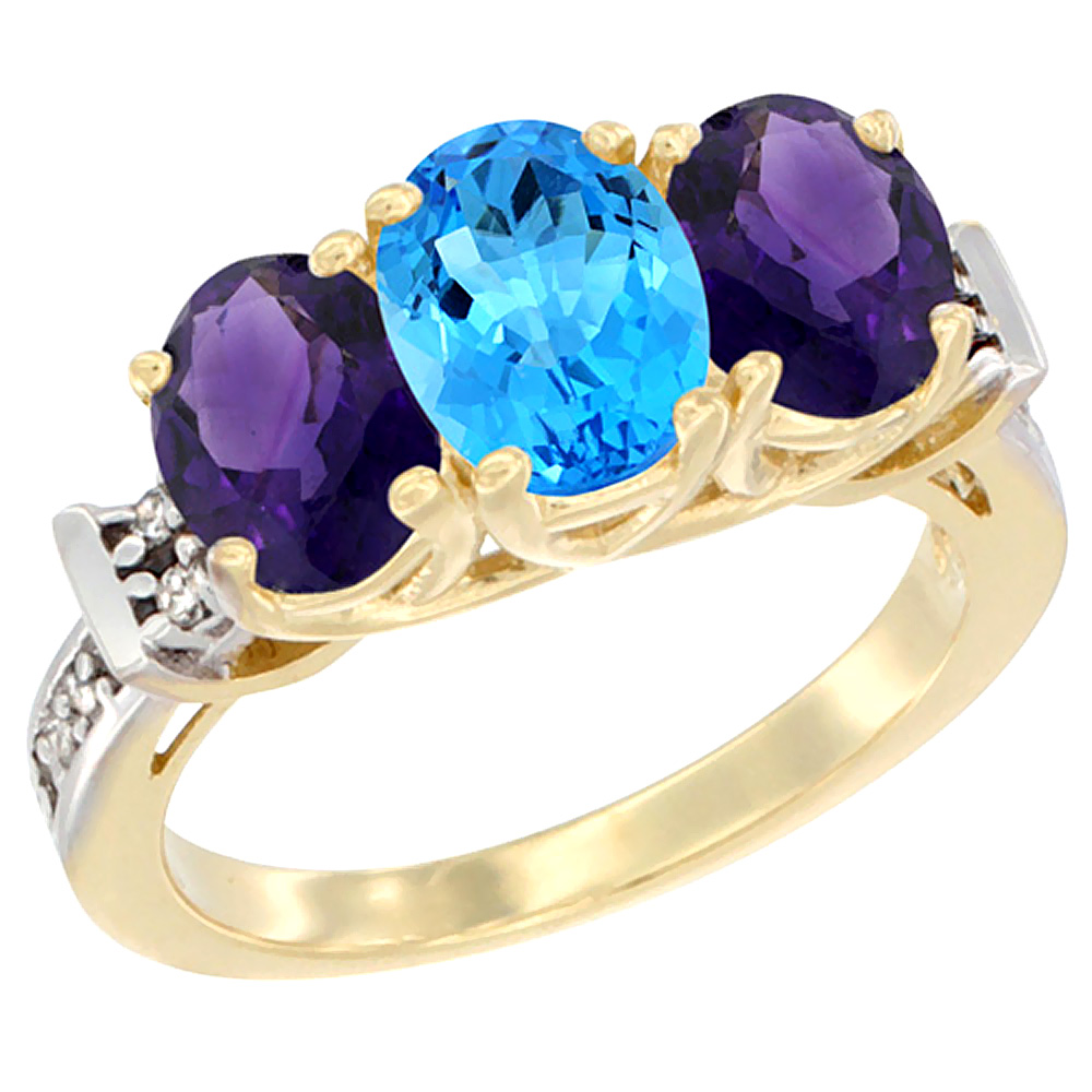 14K Yellow Gold Natural Swiss Blue Topaz &amp; Amethyst Sides Ring 3-Stone Oval Diamond Accent, sizes 5 - 10