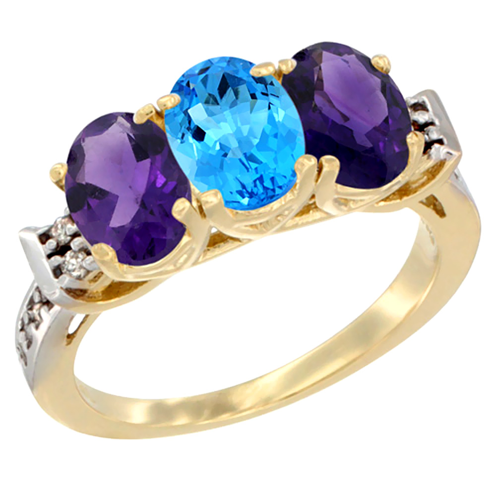 10K Yellow Gold Natural Swiss Blue Topaz &amp; Amethyst Sides Ring 3-Stone Oval 7x5 mm Diamond Accent, sizes 5 - 10