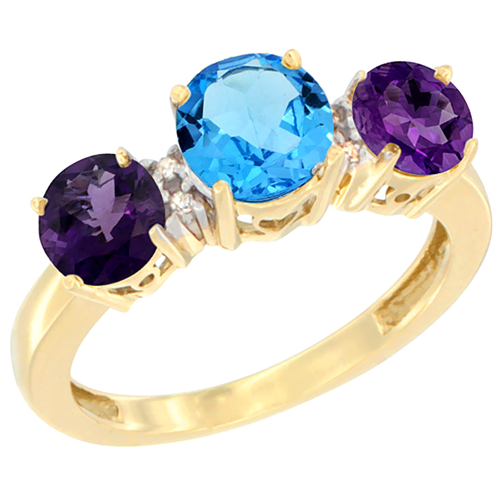 10K Yellow Gold Round 3-Stone Natural Swiss Blue Topaz Ring & Amethyst Sides Diamond Accent, sizes 5 - 10