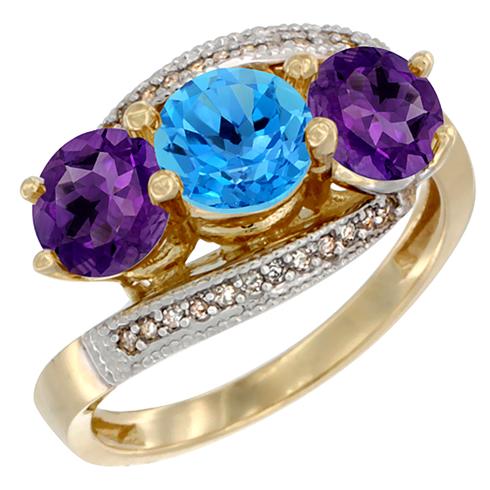 10K Yellow Gold Natural Swiss Blue Topaz & Amethyst Sides 3 stone Ring Round 6mm Diamond Accent, sizes 5 - 10