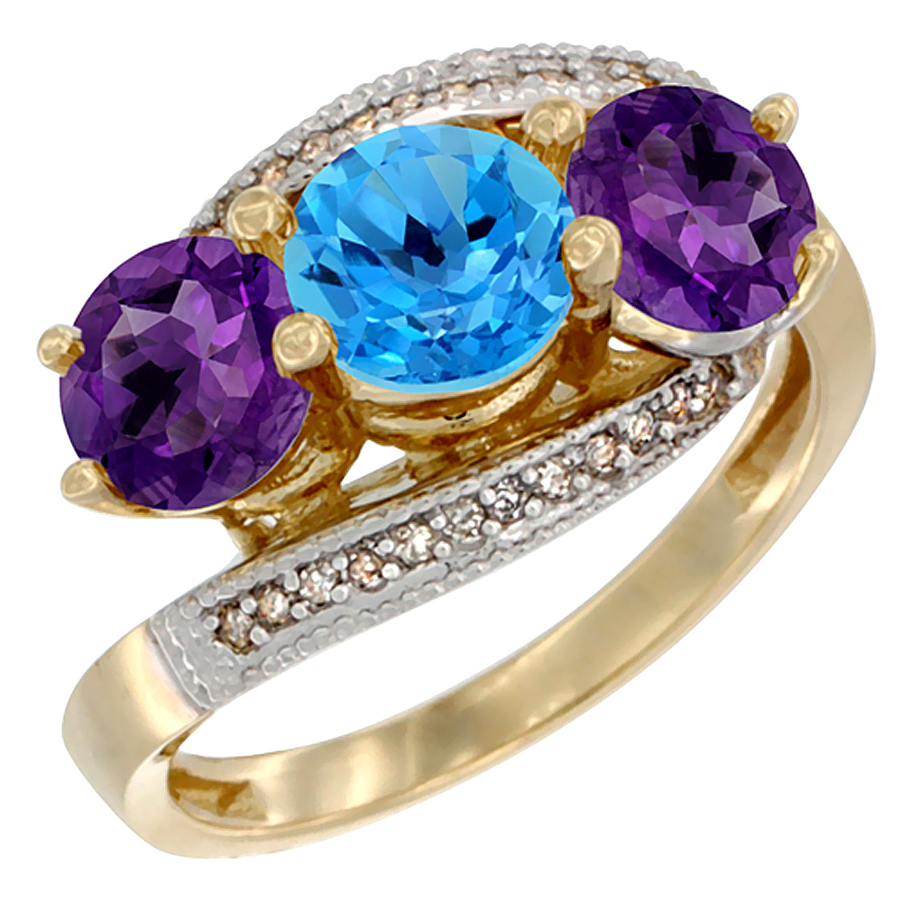 10K Yellow Gold Natural Swiss Blue Topaz &amp; Amethyst Sides 3 stone Ring Round 6mm Diamond Accent, sizes 5 - 10