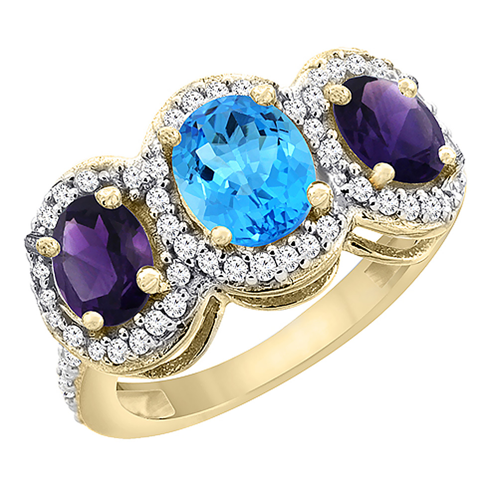 14K Yellow Gold Natural Swiss Blue Topaz & Amethyst 3-Stone Ring Oval Diamond Accent, sizes 5 - 10