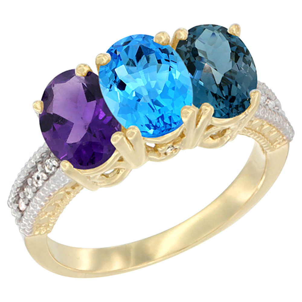 10K Yellow Gold Diamond Natural Amethyst, Swiss &amp; London Blue Topazes Ring Oval 3-Stone 7x5 mm,sizes 5-10