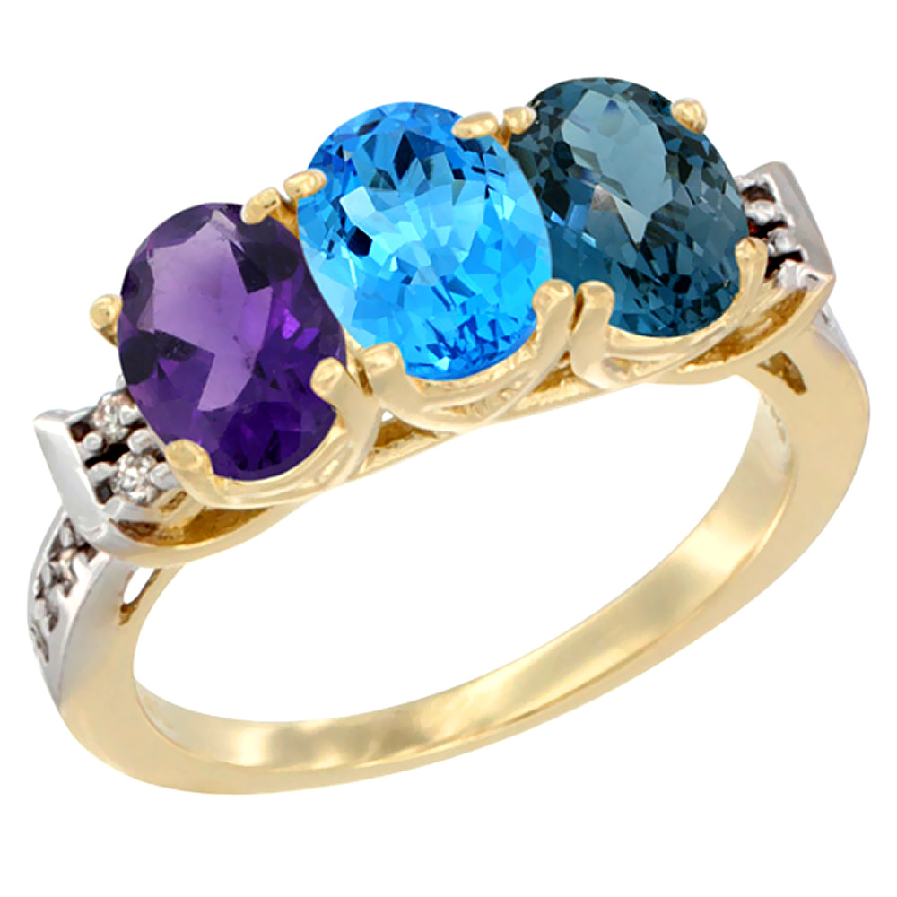 10K Yellow Gold Natural Amethyst, Swiss Blue Topaz &amp; London Blue Topaz Ring 3-Stone Oval 7x5 mm Diamond Accent, sizes 5 - 10