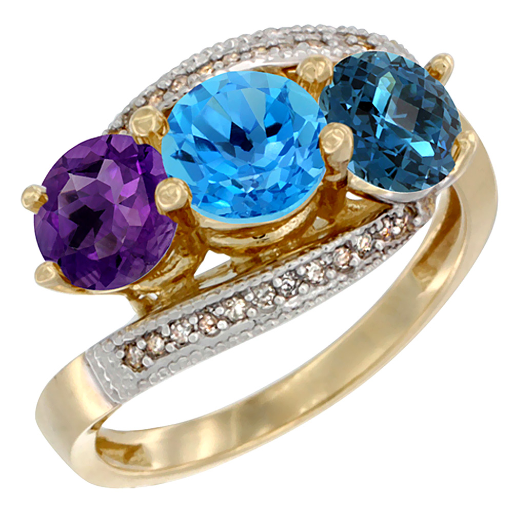 14K Yellow Gold Natural Amethyst, Swiss & London Blue Topaz 3 stone Ring Round 6mm Diamond Accent, sizes 5 - 10