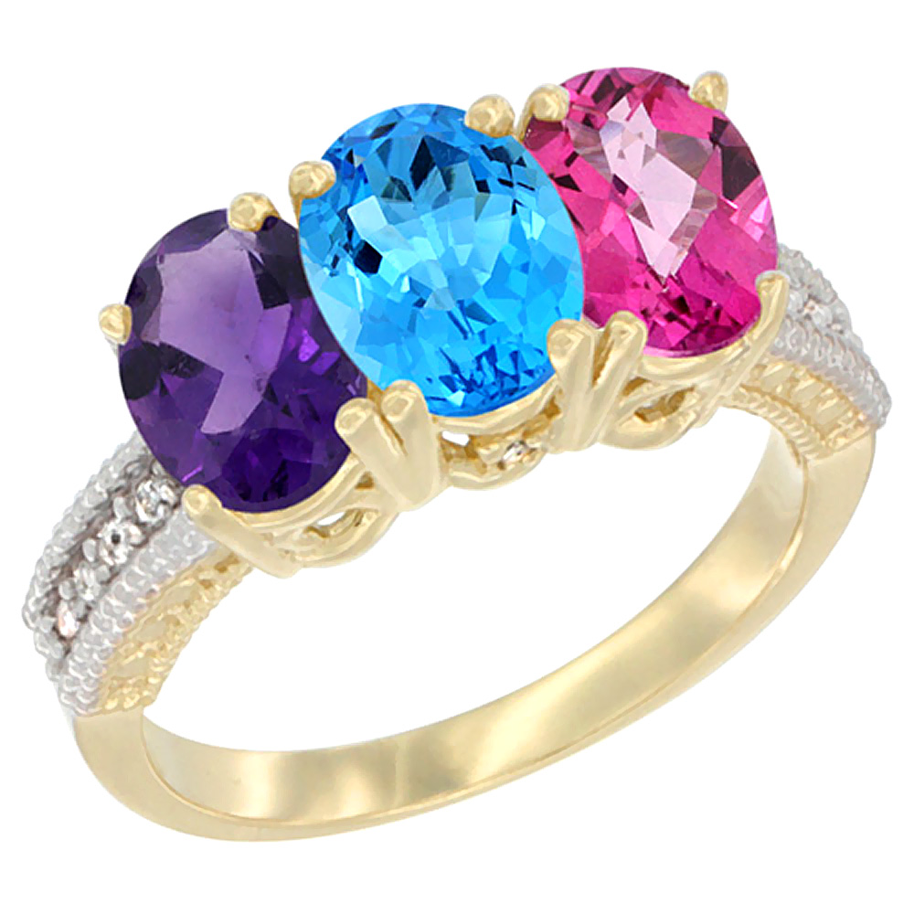 14K Yellow Gold Natural Amethyst, Swiss Blue Topaz &amp; Pink Topaz Ring 3-Stone 7x5 mm Oval Diamond Accent, sizes 5 - 10