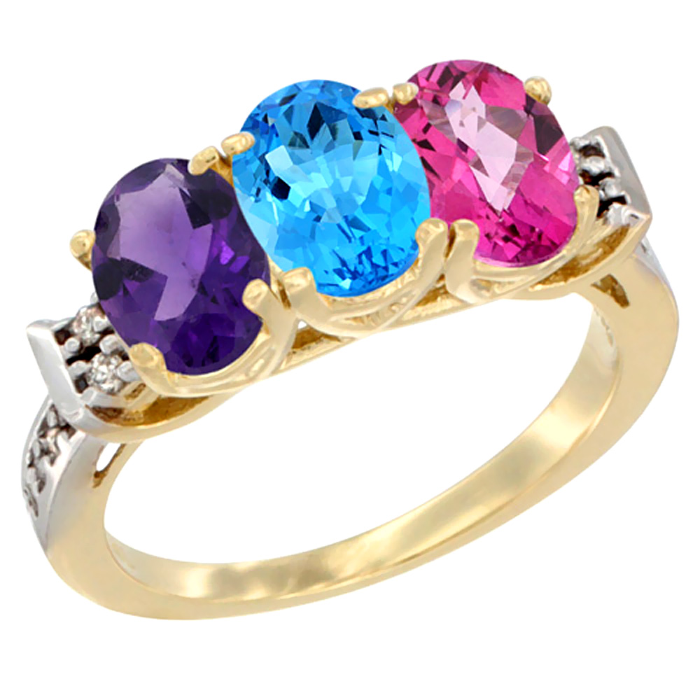 10K Yellow Gold Natural Amethyst, Swiss Blue Topaz &amp; Pink Topaz Ring 3-Stone Oval 7x5 mm Diamond Accent, sizes 5 - 10