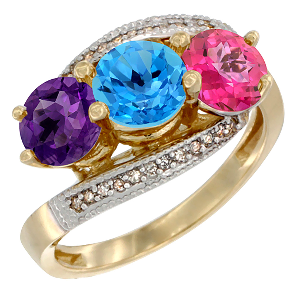 10K Yellow Gold Natural Amethyst, Swiss Blue & Pink Topaz 3 stone Ring Round 6mm Diamond Accent, sizes 5 - 10