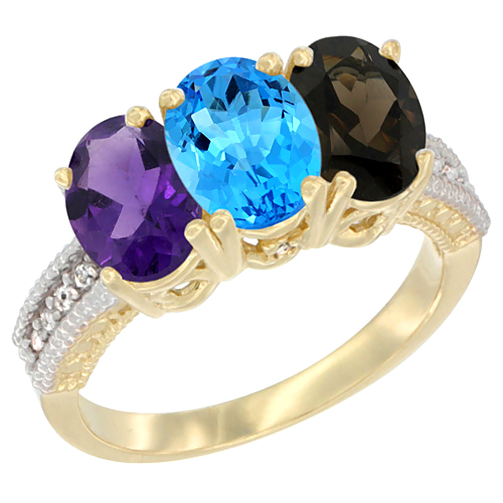 14K Yellow Gold Natural Amethyst, Swiss Blue Topaz &amp; Smoky Topaz Ring 3-Stone 7x5 mm Oval Diamond Accent, sizes 5 - 10