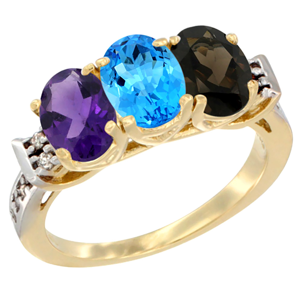 10K Yellow Gold Natural Amethyst, Swiss Blue Topaz &amp; Smoky Topaz Ring 3-Stone Oval 7x5 mm Diamond Accent, sizes 5 - 10