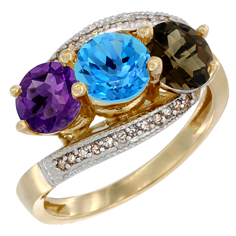 14K Yellow Gold Natural Amethyst, Swiss Blue &amp; Smoky Topaz 3 stone Ring Round 6mm Diamond Accent, sizes 5 - 10