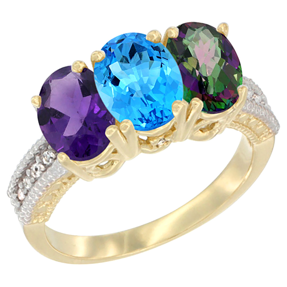 14K Yellow Gold Natural Amethyst, Swiss Blue Topaz & Mystic Topaz Ring 3-Stone 7x5 mm Oval Diamond Accent, sizes 5 - 10