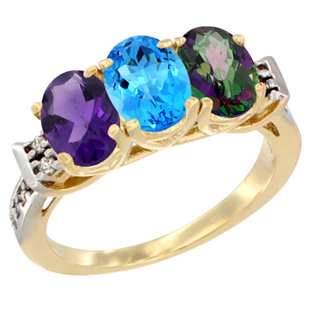 14K Yellow Gold Natural Amethyst, Swiss Blue Topaz & Mystic Topaz Ring 3-Stone 7x5 mm Oval Diamond Accent, sizes 5 - 10