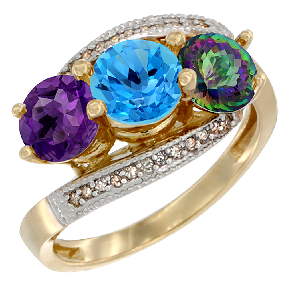 10K Yellow Gold Natural Amethyst, Swiss Blue & Mystic Topaz 3 stone Ring Round 6mm Diamond Accent, sizes 5 - 10
