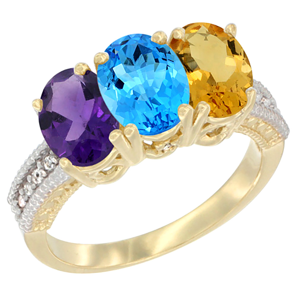 10K Yellow Gold Diamond Natural Amethyst, Swiss Blue Topaz & Citrine Ring Oval 3-Stone 7x5 mm,sizes 5-10