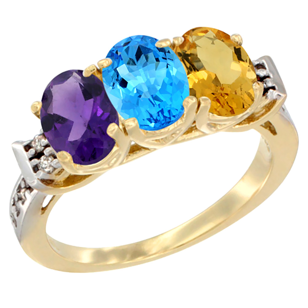 10K Yellow Gold Natural Amethyst, Swiss Blue Topaz &amp; Citrine Ring 3-Stone Oval 7x5 mm Diamond Accent, sizes 5 - 10