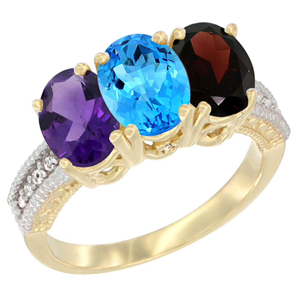 14K Yellow Gold Natural Amethyst, Swiss Blue Topaz &amp; Garnet Ring 3-Stone 7x5 mm Oval Diamond Accent, sizes 5 - 10