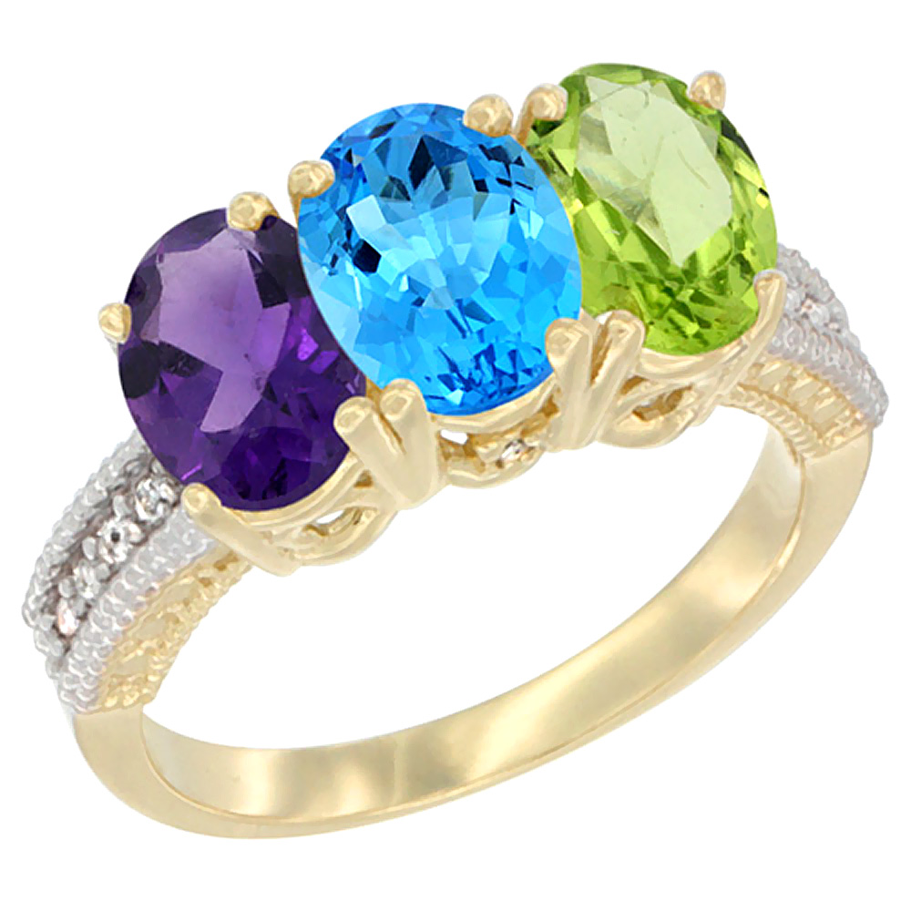 14K Yellow Gold Natural Amethyst, Swiss Blue Topaz &amp; Peridot Ring 3-Stone 7x5 mm Oval Diamond Accent, sizes 5 - 10