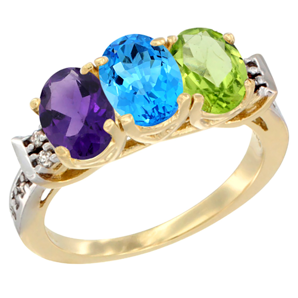 10K Yellow Gold Natural Amethyst, Swiss Blue Topaz & Peridot Ring 3-Stone Oval 7x5 mm Diamond Accent, sizes 5 - 10