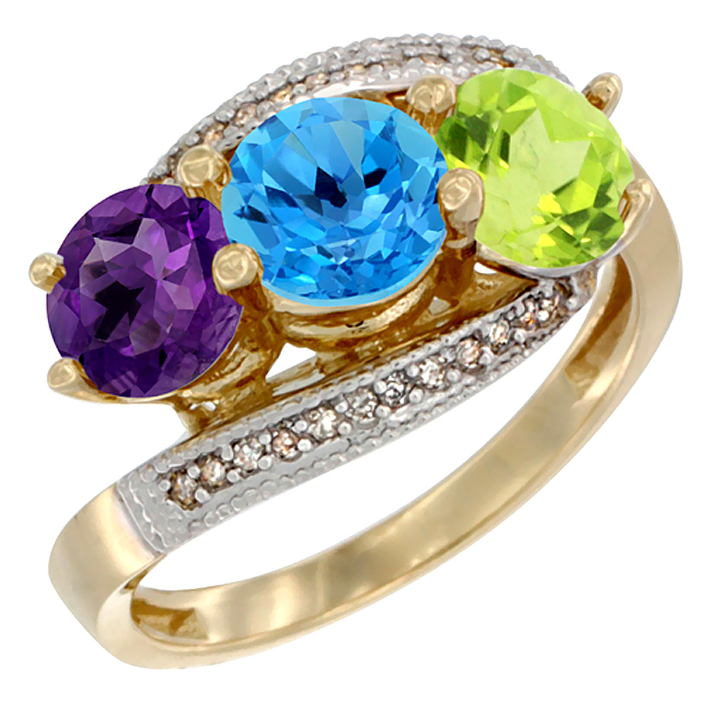 14K Yellow Gold Natural Amethyst, Swiss Blue Topaz & Peridot 3 stone Ring Round 6mm Diamond Accent, sizes 5 - 10