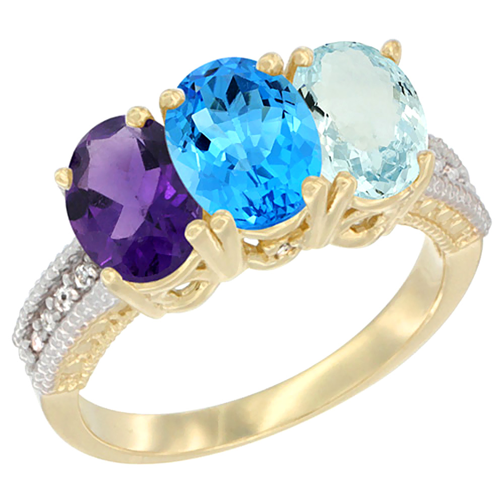 10K Yellow Gold Diamond Natural Amethyst, Swiss Blue Topaz & Aquamarine Ring Oval 3-Stone 7x5 mm,sizes 5-10