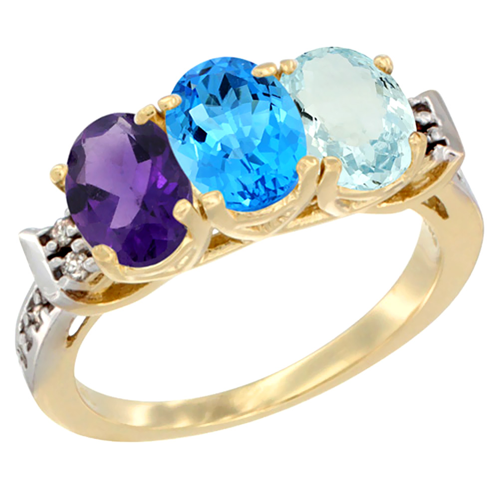 10K Yellow Gold Natural Amethyst, Swiss Blue Topaz &amp; Aquamarine Ring 3-Stone Oval 7x5 mm Diamond Accent, sizes 5 - 10