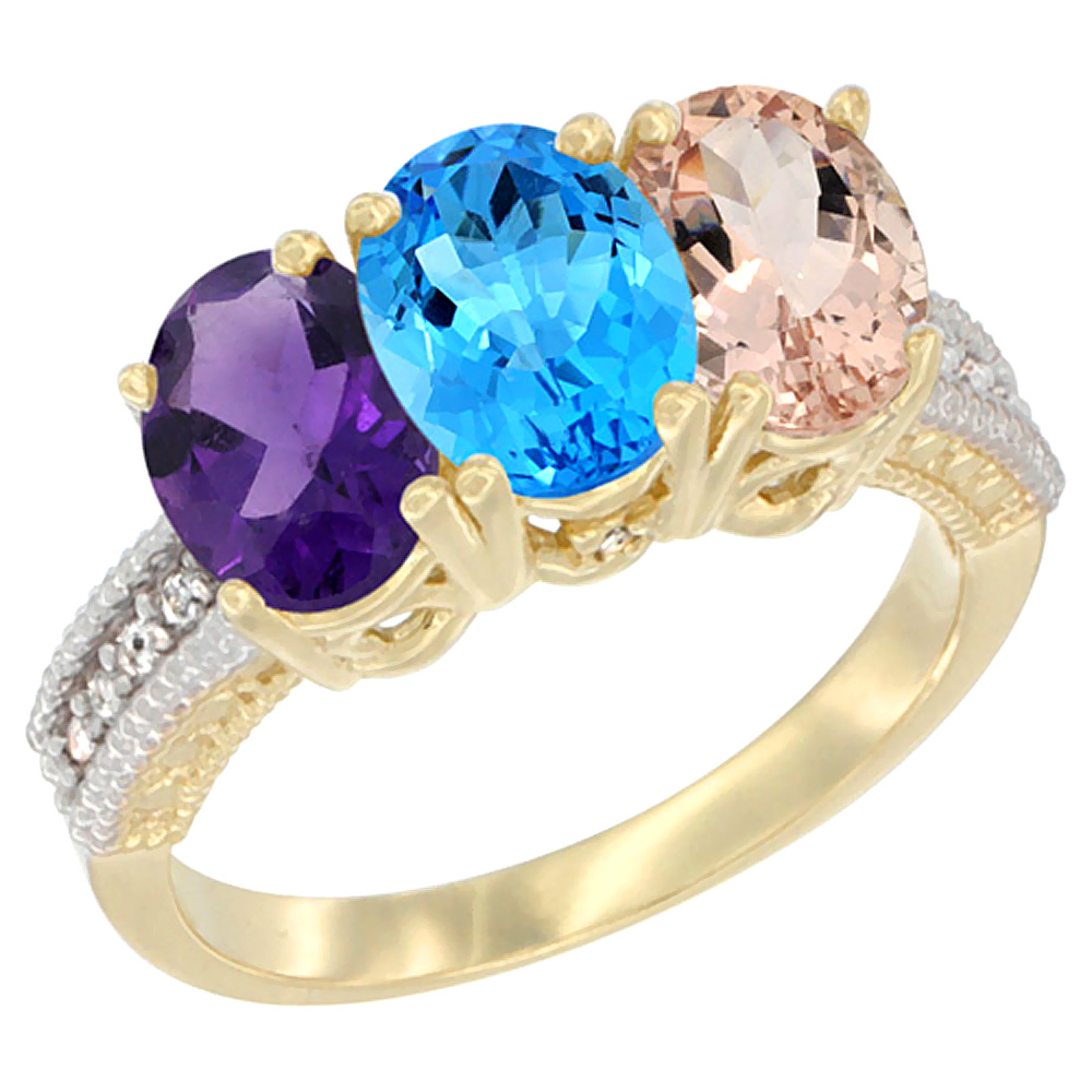 10K Yellow Gold Diamond Natural Amethyst, Swiss Blue Topaz &amp; Morganite Ring Oval 3-Stone 7x5 mm,sizes 5-10