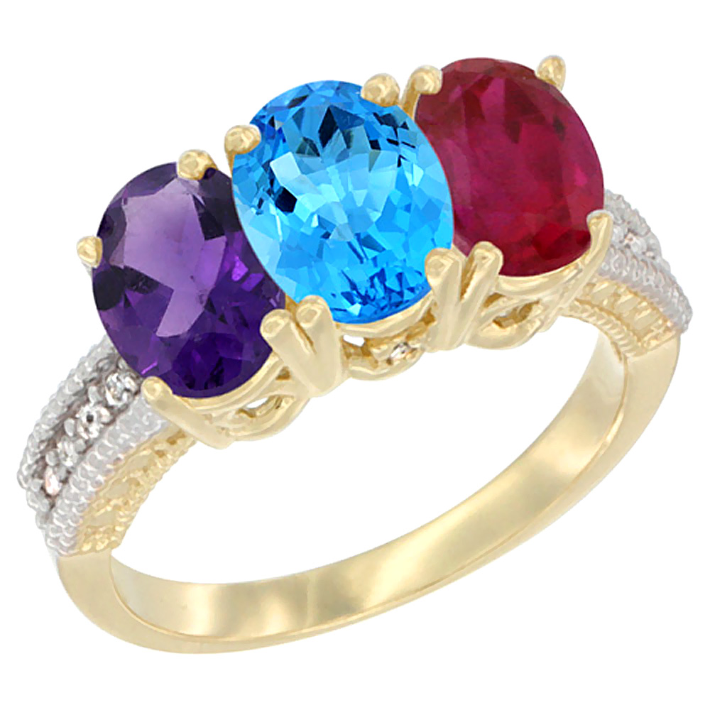 10K Yellow Gold Diamond Natural Amethyst, Swiss Blue Topaz &amp; Enhanced Ruby Ring Oval 3-Stone 7x5 mm,sizes 5-10