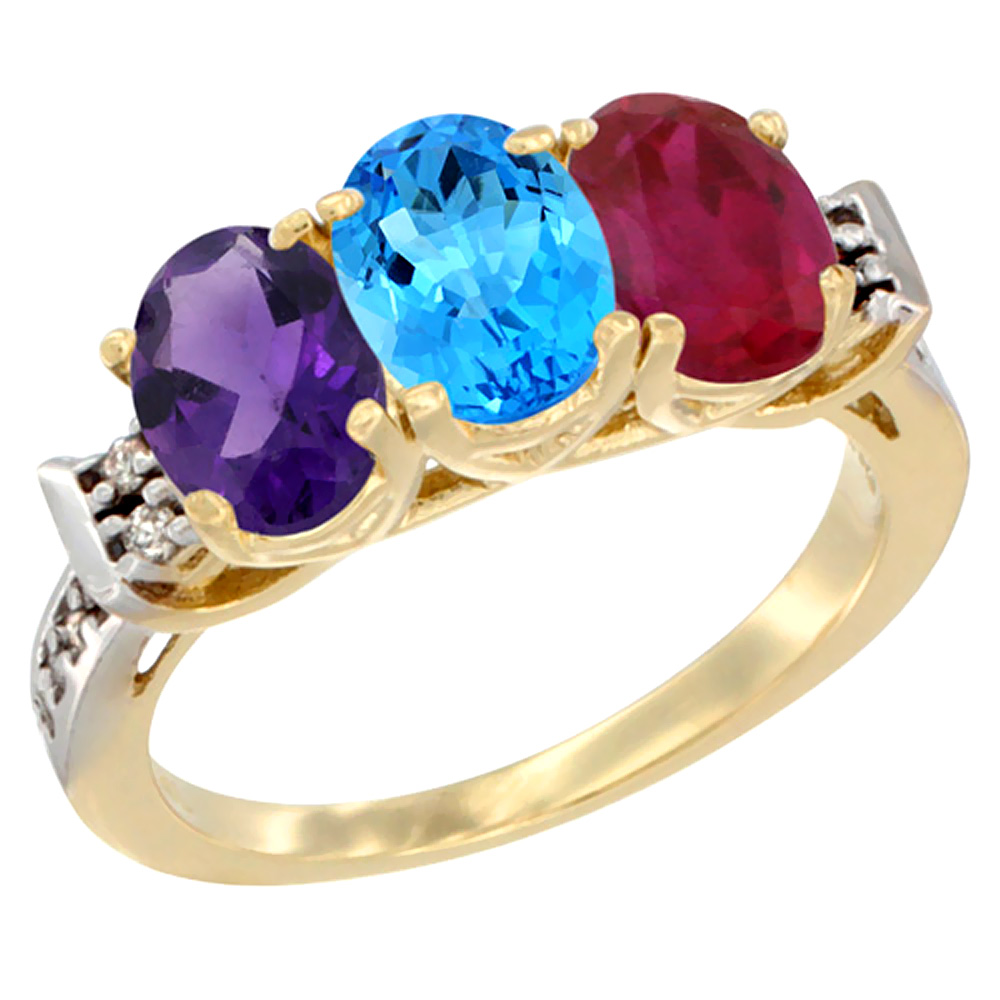 14K Yellow Gold Natural Amethyst, Swiss Blue Topaz & Enhanced Ruby Ring 3-Stone 7x5 mm Oval Diamond Accent, sizes 5 - 10