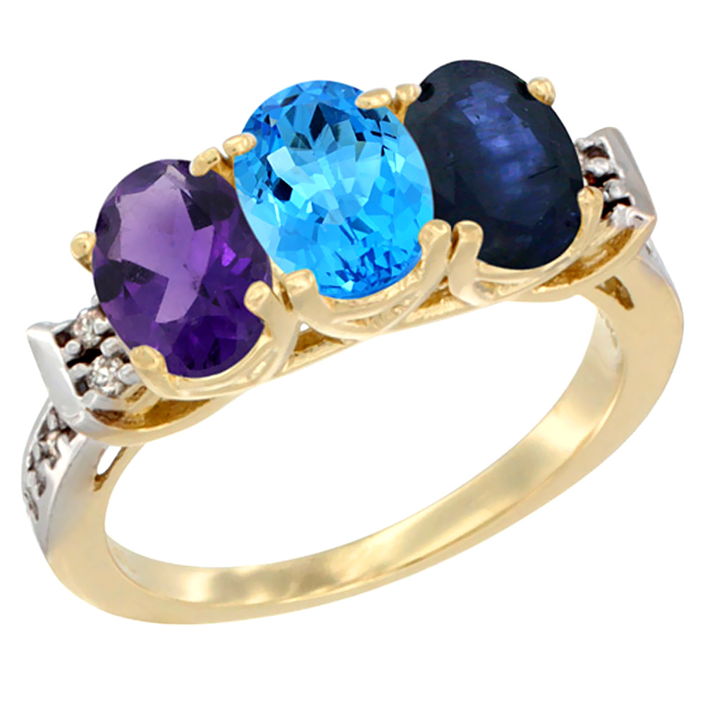 10K Yellow Gold Natural Amethyst, Swiss Blue Topaz &amp; Blue Sapphire Ring 3-Stone Oval 7x5 mm Diamond Accent, sizes 5 - 10