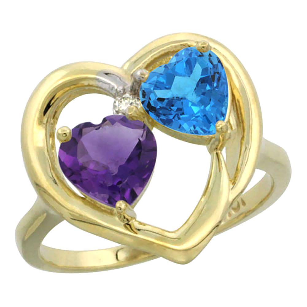 14K Yellow Gold Diamond Two-stone Heart Ring 6mm Natural Amethyst &amp; Swiss Blue Topaz, sizes 5-10