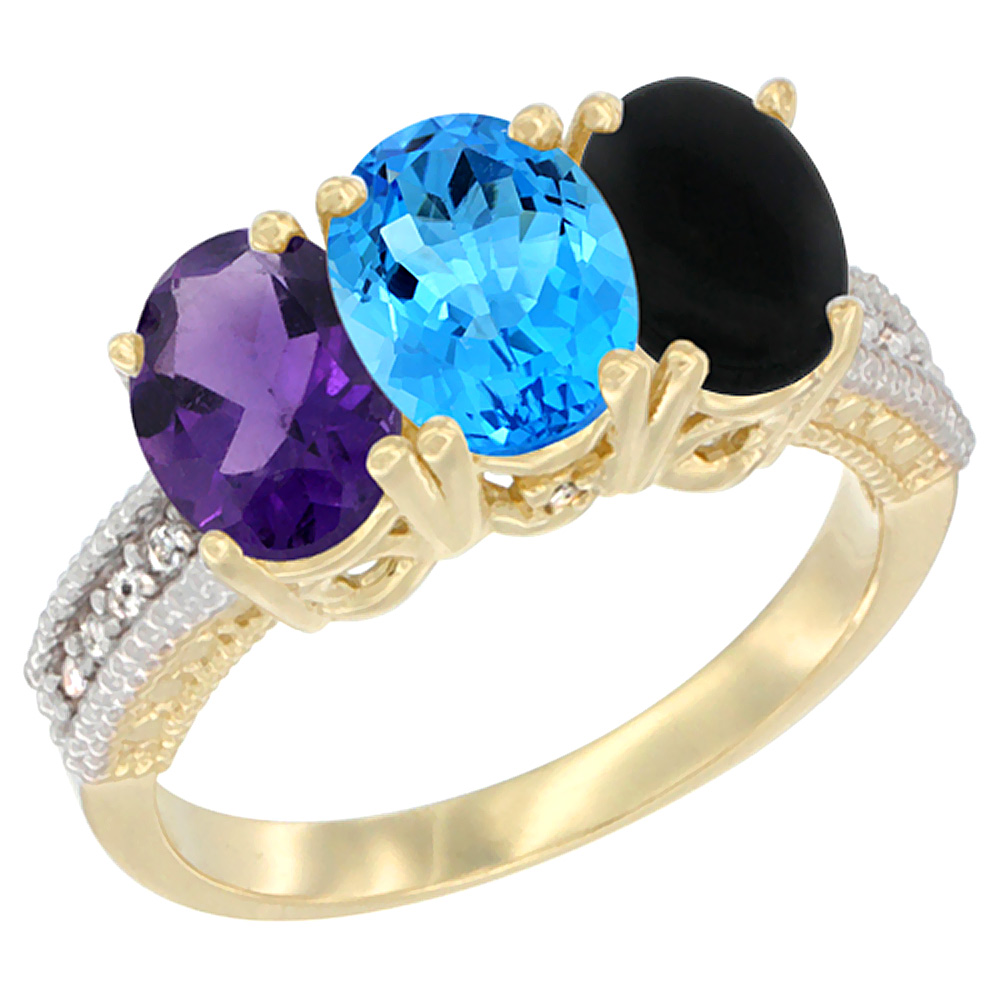 10K Yellow Gold Diamond Natural Amethyst, Swiss Blue Topaz &amp; Black Onyx Ring Oval 3-Stone 7x5 mm,sizes 5-10