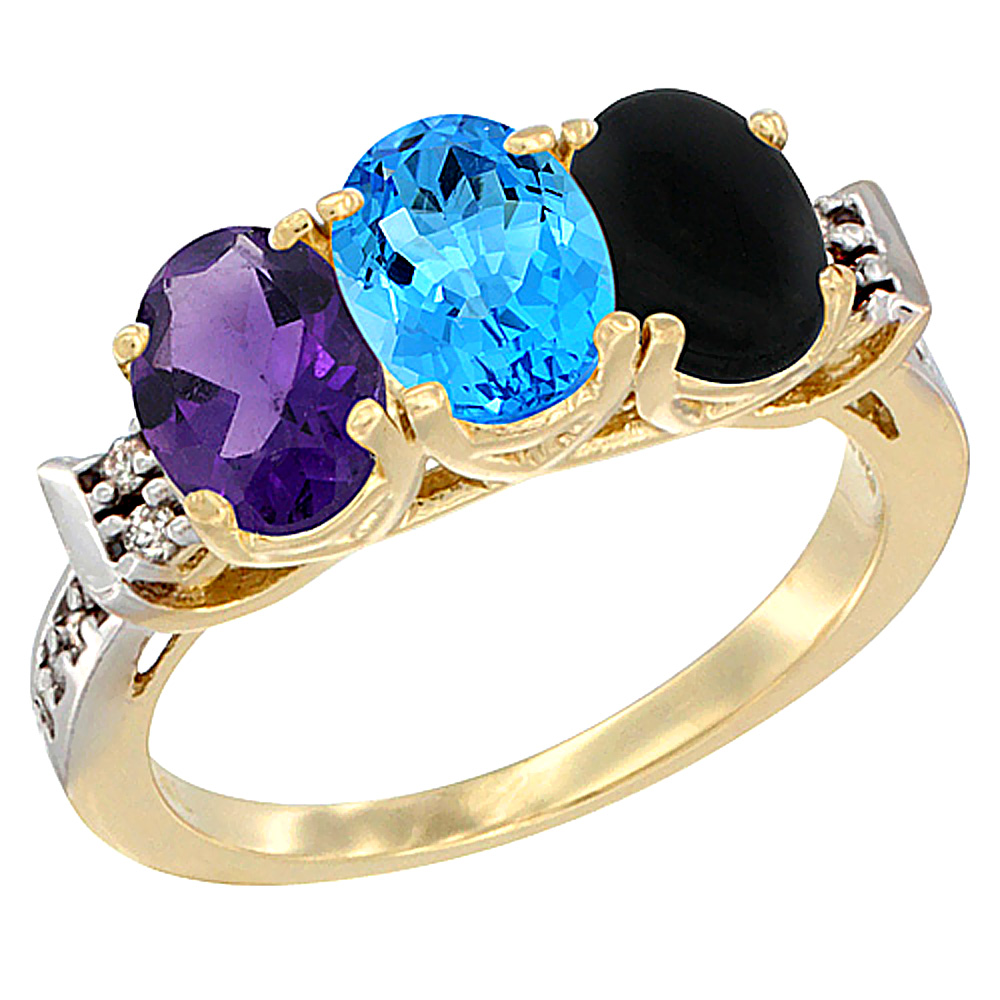 10K Yellow Gold Natural Amethyst, Swiss Blue Topaz &amp; Black Onyx Ring 3-Stone Oval 7x5 mm Diamond Accent, sizes 5 - 10