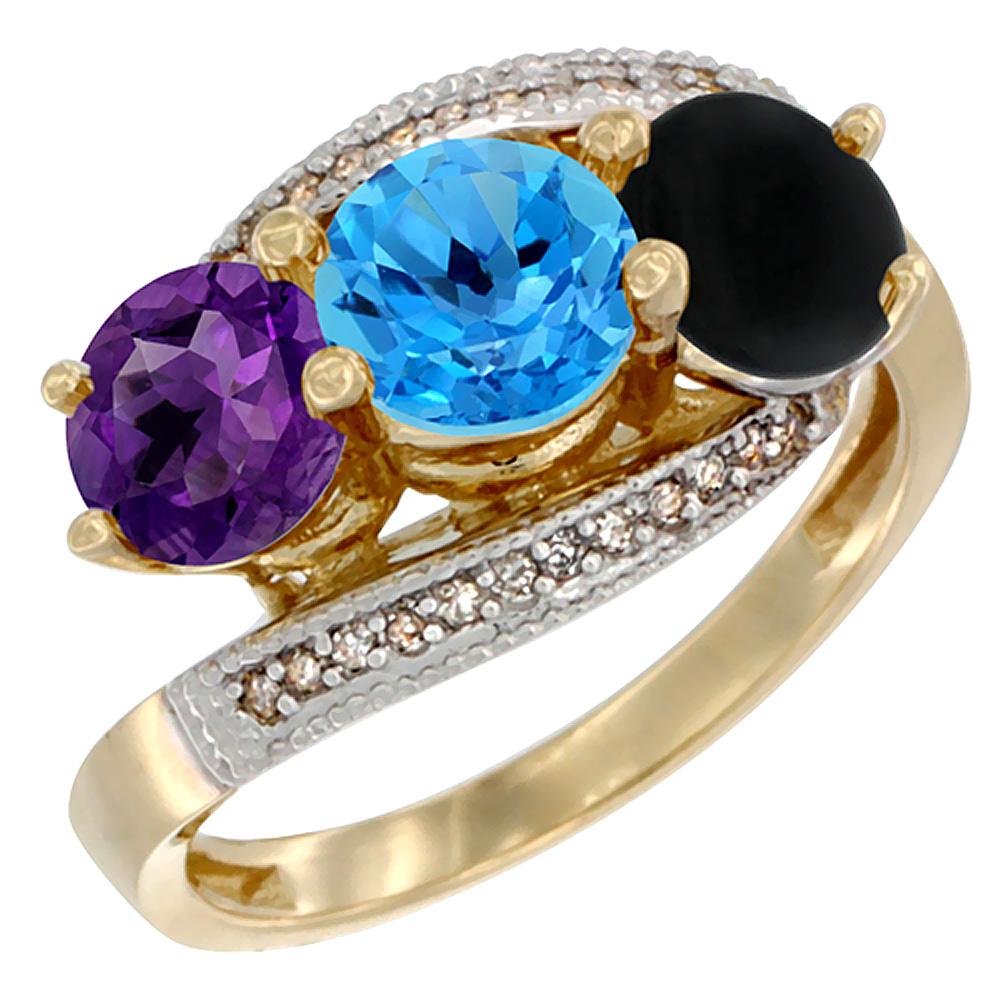 10K Yellow Gold Natural Amethyst, Swiss Blue Topaz & Black Onyx 3 stone Ring Round 6mm Diamond Accent, sizes 5 - 10