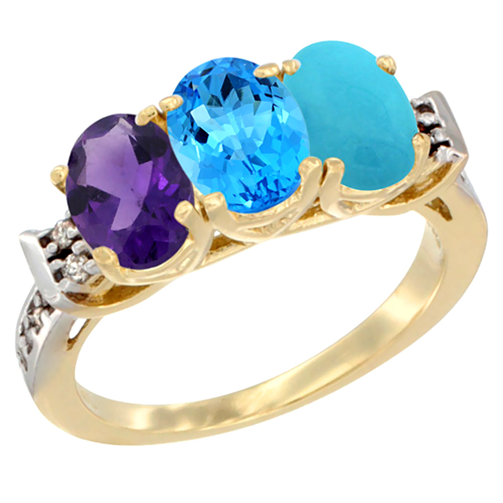 10K Yellow Gold Natural Amethyst, Swiss Blue Topaz &amp; Turquoise Ring 3-Stone Oval 7x5 mm Diamond Accent, sizes 5 - 10