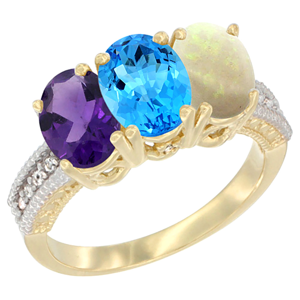 10K Yellow Gold Diamond Natural Amethyst, Swiss Blue Topaz &amp; Opal Ring Oval 3-Stone 7x5 mm,sizes 5-10