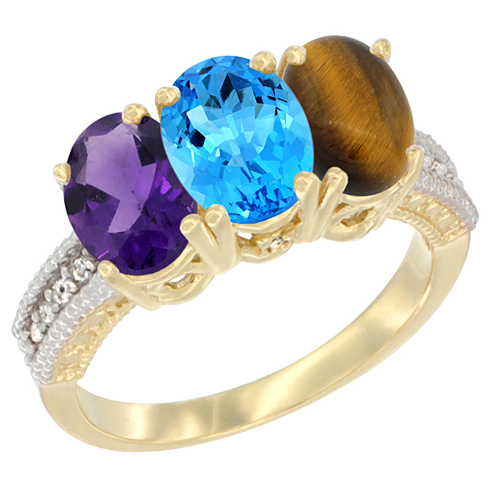 10K Yellow Gold Diamond Natural Amethyst, Swiss Blue Topaz &amp; Tiger Eye Ring Oval 3-Stone 7x5 mm,sizes 5-10