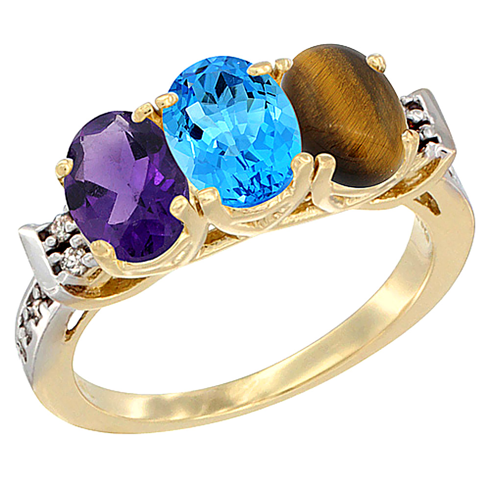 14K Yellow Gold Natural Amethyst, Swiss Blue Topaz &amp; Tiger Eye Ring 3-Stone 7x5 mm Oval Diamond Accent, sizes 5 - 10