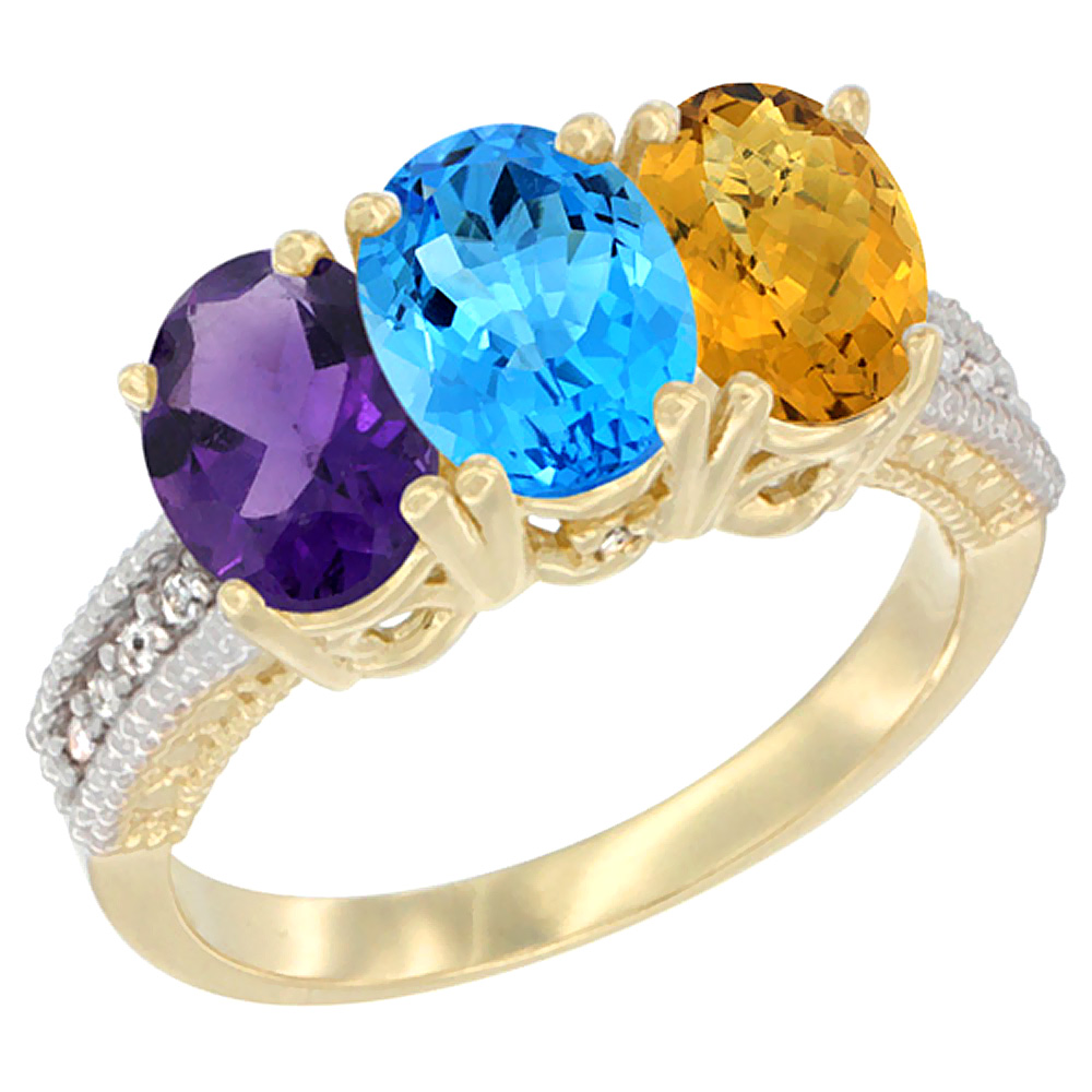 14K Yellow Gold Natural Amethyst, Swiss Blue Topaz &amp; Whisky Quartz Ring 3-Stone 7x5 mm Oval Diamond Accent, sizes 5 - 10