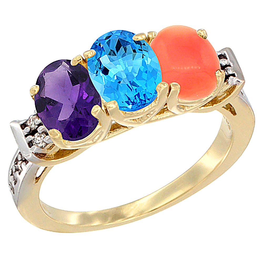 14K Yellow Gold Natural Amethyst, Swiss Blue Topaz & Coral Ring 3-Stone 7x5 mm Oval Diamond Accent, sizes 5 - 10